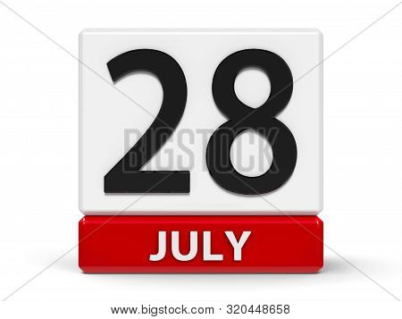 Red And White Calendar Icon From Cubes - The Twenty Eighth Of July - On A White Table - World Hepati
