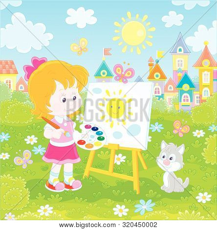 Cute Happily Smiling Little Girl Drawing The Sun And Clouds With Paints On Her Easel In A Green Summ