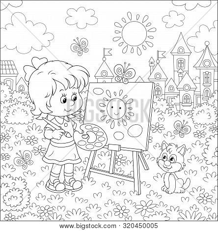 Cute Happily Smiling Little Girl Drawing The Sun And Clouds With Paints On Her Easel In A Summer Par