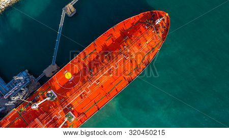 Red Tanker Ship Loading And Unloading Oil And Gas At Industrial Port, Business Import Export Petroch