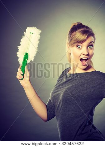 Joy Happiness Chores Cleaning Concept. Cheerful Lady With Household Items. Young Extatic Blonde Maid