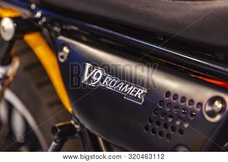 Belgrade, Serbia - March 23, 2019: Detail Of The Moto Guzzi V9 Roamer Motorcycle. Moto Guzzi Is An I
