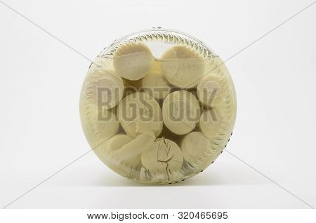 Canned Hearts Of Palm. Palmito On A Transparent Glass.