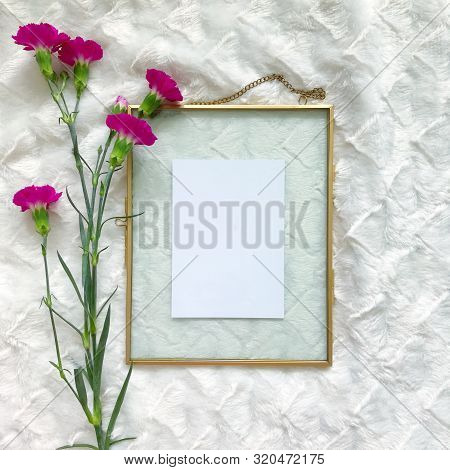 Beautiful Flatlay Photography Of Blank Card Framed In A Gold Floating Frame. Perfect For Mockups Of 