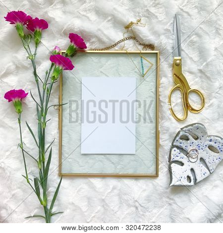 Beautiful Flatlay Photography Of Blank Card Framed In A Gold Floating Frame. Perfect For Mockups Of 