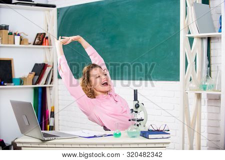 School Pedagogue Occupation. Mental Health And Relaxation Methods. Stretching After Hard Working Day