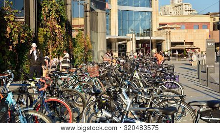 Warsaw, Poland. 4 September 2019. Arkadia Shopping Center. Bicycles Arranged In A Row.