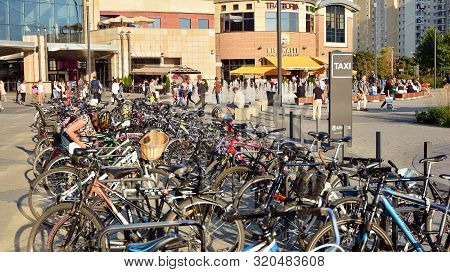 Warsaw, Poland. 4 September 2019. Arkadia Shopping Center. Bicycles Arranged In A Row.