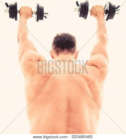 Fitness And Sport Equipment. Healthy Lifestyle. Athletic Body. Dumbbell Gym. Man Sportsman Weightlif