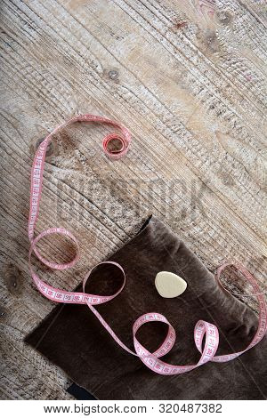 Sewing Tools And Sewing Supplies Accessories Sewing On Wooden Table.
