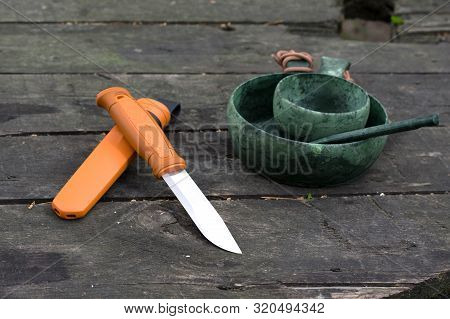 Hunter Set. Hunters Knife And Dishes. Orange Knife And Utensils.