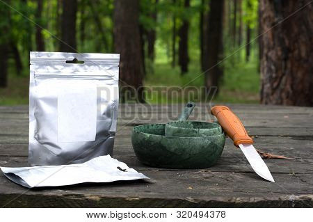 Tourist Food In A Package And Utensils. Sublimated Food In Bags.