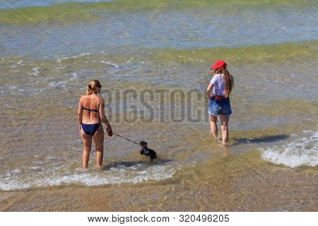 Zelenogradsk, Kaliningrad Region, Russia - June 18, 2019: Unknown Woman Walking With Small Dog On Th