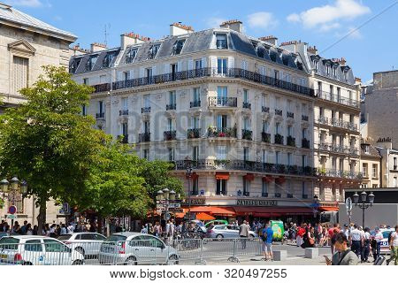 Paris, France - June 23, 2017: Old Historical Buildings On The D Arcole Street In Central Part Of Pa