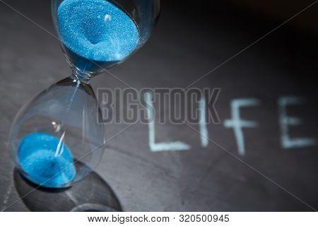 Retirement And Pension. Time Passing. Deadline, Management And Urgency Comcept. Hourglass And Inscri