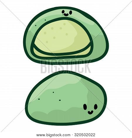 Kawaii Matcha Mochi Vector With Face. Green Daifuku Japanese Snack Clipart.