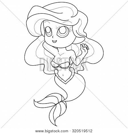 Mermaid Vector Picture Illustration. Coloring Page Line Art Of An Adorable Young Fairy Tale Mythical
