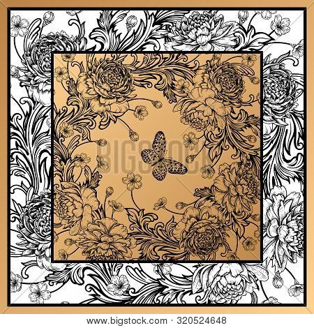 Floral Pattern. Frame Of Luxurious Flowers Peonies, Baroque Style Ornament Details, Butterflies. Bla
