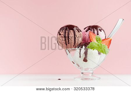 Set Of Different Refreshing Classic Creamy Ice Cream Balls In Bowl With Chocolate Sauce, Mint, Spoon