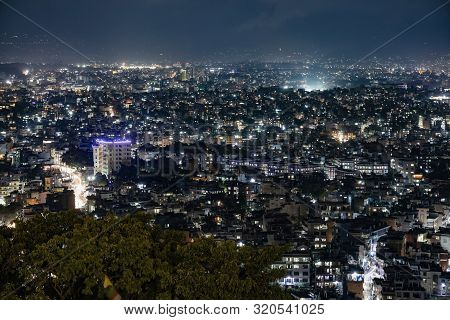 Kathmandu, Nepal - August 23 2019: Night View Of Kathmandu Valley From Swayambhunath Stupa.
