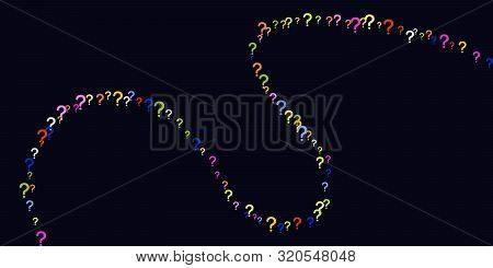 Abstract Figure Made Of Bright Question Marks Scattered On A Black Background. Colorful Poll Templat