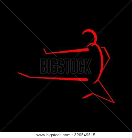 Silhouette Of A Man Doing Karate Kick. Line Art Doodle Sketch. Red Outline On Black Background. Pict