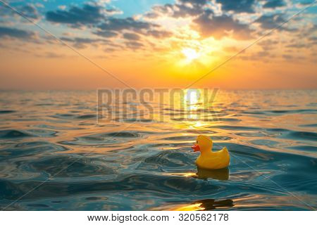 Yellow Rubber Duck Toy Floating In Sea Water. Beautiful Sunrise On The Beach.