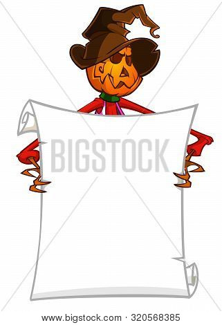 Halloween Cartoon Scarecrow With Pumpkin Head Holding Blank Empty Scroll Paper For Text