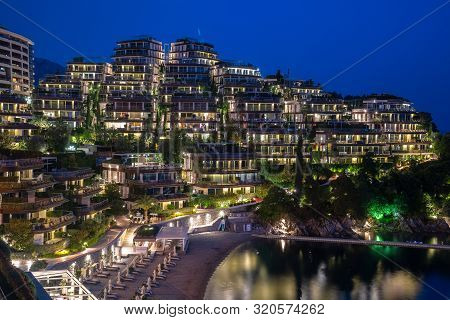 Budva, Montenegro - June 11.2019. Dukley Hotel And Resort In The Night