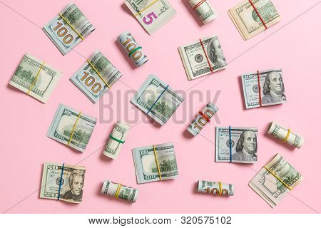 Colored Background With Money American Hundred Dollar Bills On Top Wiev With Copy Space For Your Tex