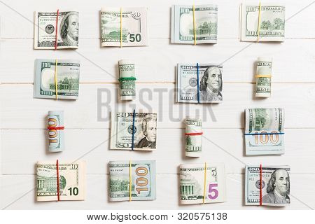 Money Background With American Hundred Dollar Bills On Top Wiev With Copy Space For Your Text In Bus