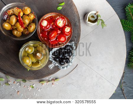 Italian Food Background, With Bell Peppers And Green Olives, Stuffed With Cheese, Black Olives, Oliv