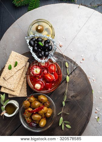 Italian Food Background, With Bell Peppers And Green Olives, Stuffed With Cheese, Black Olives, Oliv