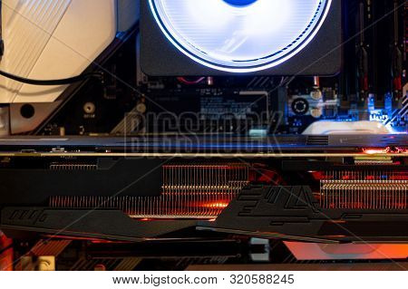 Cooler Of Processor With Neon Light. Led Light, Cpu Cooler. Computer Circuit Board And Cpu Cooling F