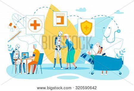 Informative Banner Clinic Future Cartoon Flat. Use Robots Instead Medical Sisters. Man Measured By P