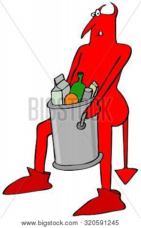 Illustration Of A Red Devil Carrying Out A Heavy Garbage Can Full Of Trash.