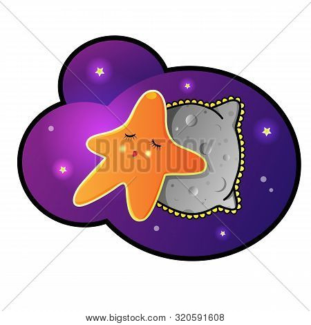 Little Cute Star Is Sleeping On The Moon-shaped Pillow In The Space.  Vector Cartoon  Illustration O