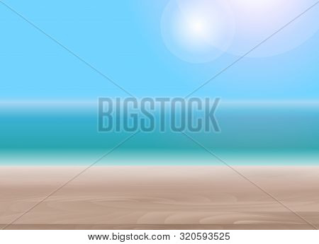 Wood Table Top On Abstract Blur Natural Sea Background For Displ