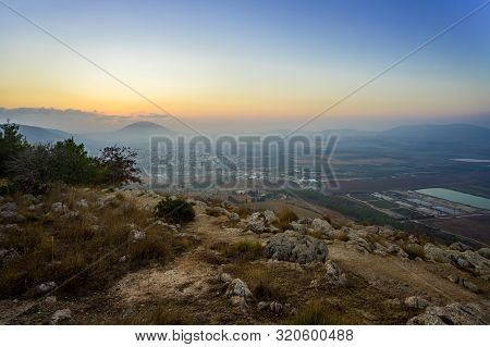Morning View At Morning Sunrice From Mount Precipice On A Nearby Valley Near Nazareth In Israel