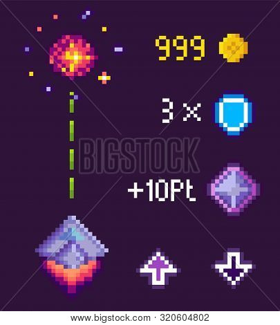 Space Game In Pixel Style Vector, Spaceship With Laser Weapon. Icons And Points, Scored Coins And Sh