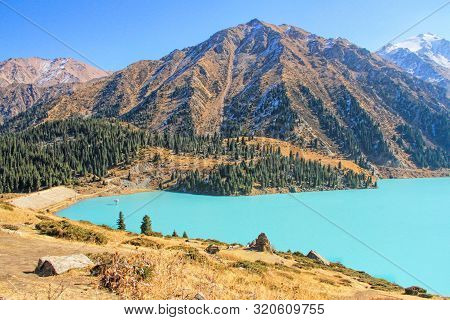 Spectacular Scenic Big Almaty Lake In Thetien Shan Mountains In Almaty, Kazakhstan, Central Asia