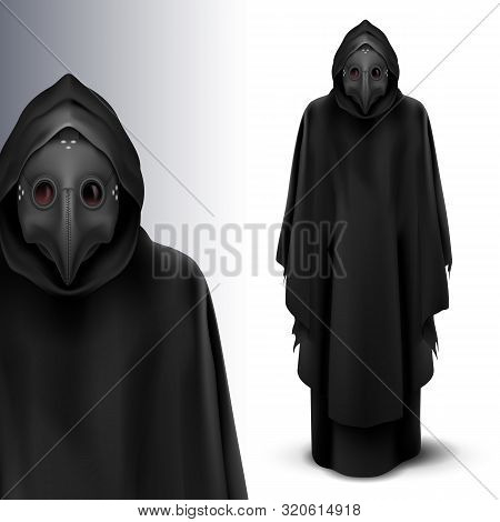 Two Black Figures Of Plague Doctors. Medieval Death Symbol Plague Doctor Mask Isolated On White Back
