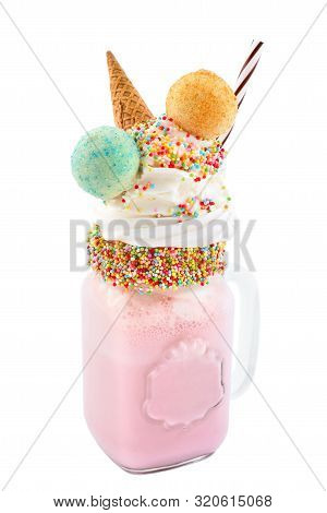Pink Strawberry Freakshake With Sweets Extreme Milkshakes With Brezel Waffles And Whipped Cream. Cra