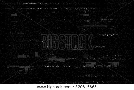 Glitch Television On Black Backdrop. White And Black Distortions. Video Problem Retro Vhs Lines. No 