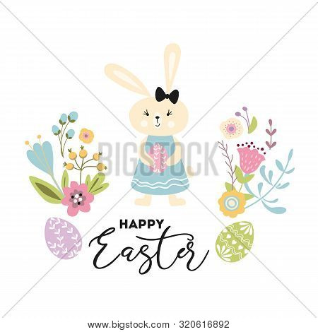 Happy Easter Hand Drawn Cute Vector Illustration With Rabbit Girl Eggs, Spring Flowers On White