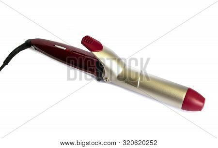 Pink Curling Iron Isolated On White Background, Electric Hair Styler. Close Up  Iron Curling Tongs