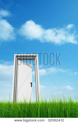 Hacer una apertura de alta resolución verdes, frescos y naturales 3d conceptual hierba sobre un fondo de cielo azul,