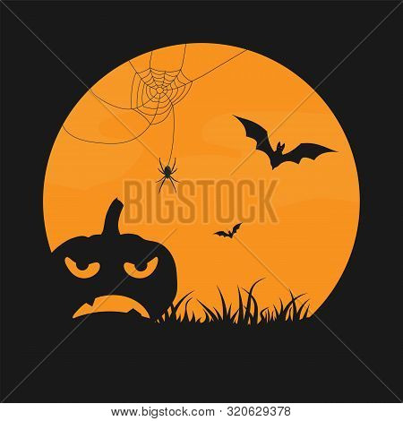 Halloween. Orange Circle On Black Background With Pumpkin Silhouette, Spider Web And Ba