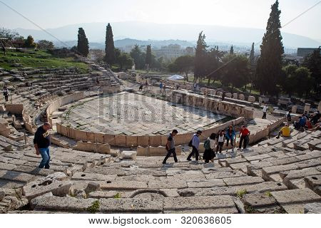 Athens, Greece - October 24, 2018: The Ancient Greek Amphitheater: The Theatre Of Dionysus Eleuthere