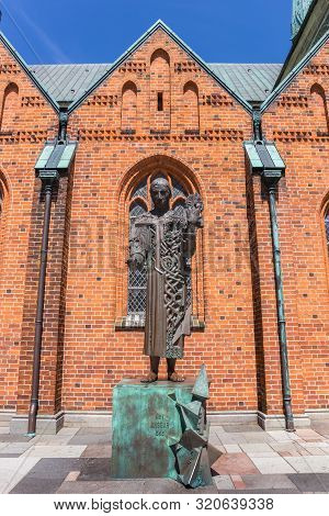 Ribe, Denmark - June 26, 2019: Statue Of The Bishop Ansgar By Artist Hein Heinsen In Ribe, Denmark